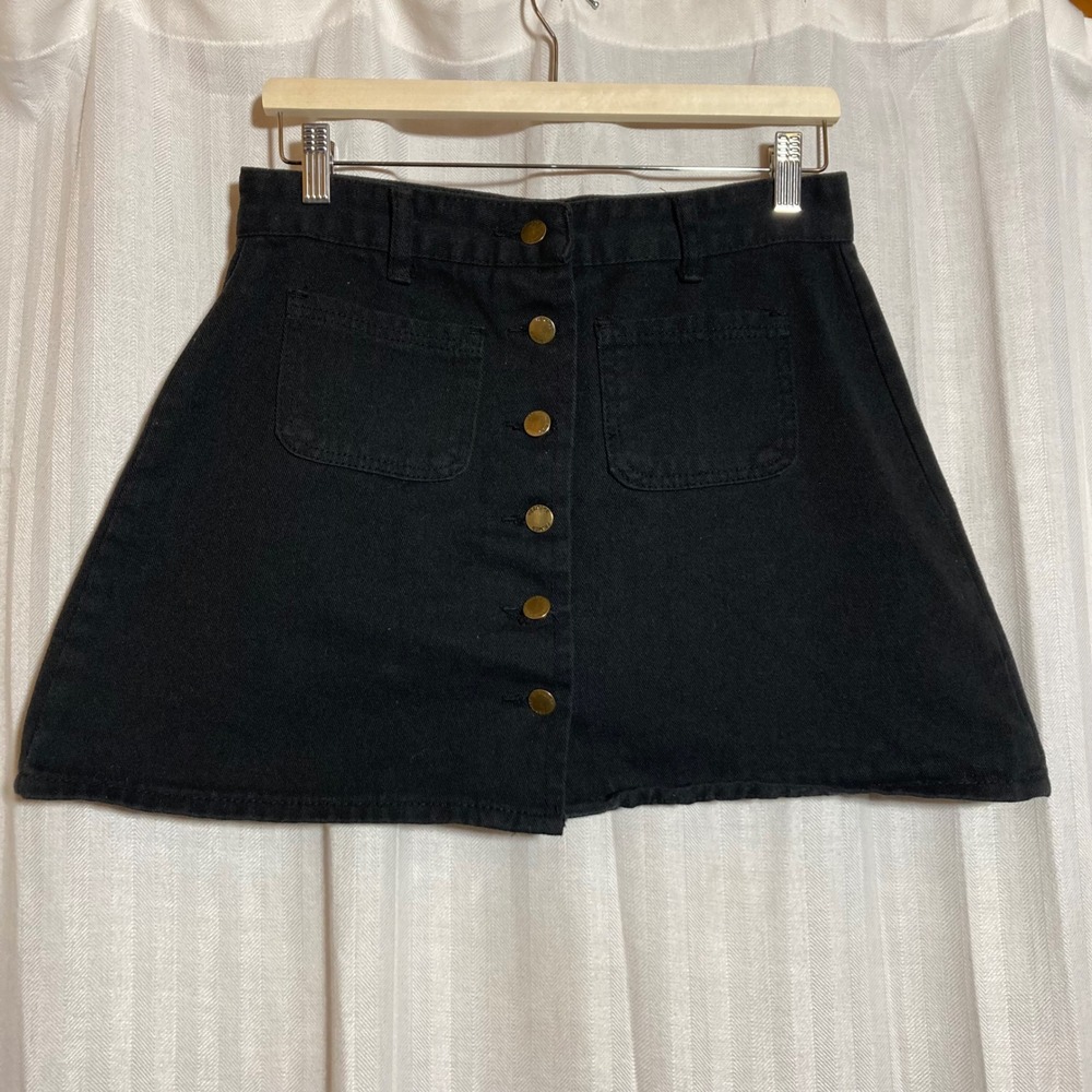 Falmer Heritage Womens Black Denim Button Front Mini Skirt Size XL A-Line Pocket